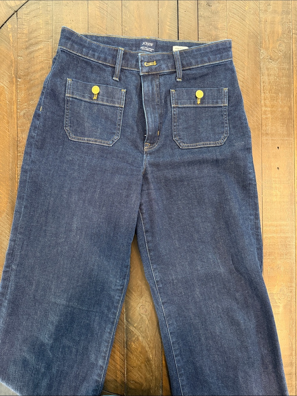 J. Crew Indigo Wide-Leg Jeans with Yellow Button Accents